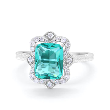 Halo Emerald Cut Engagement Ring Simulated Paraiba Tourmaline CZ 925 Sterling Silver